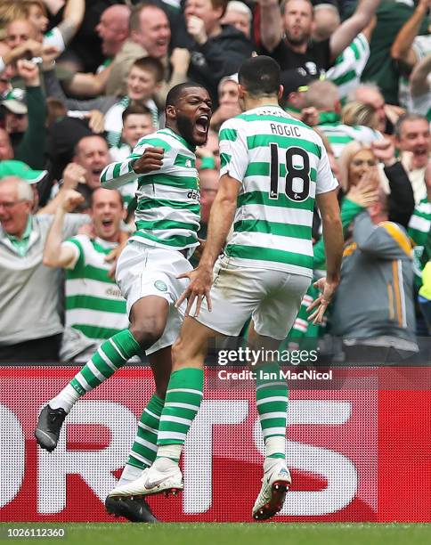 Olivier Ntcham of Celtic celebrates after he scores his team's opening goal the Scottish Premier League between Celtic and Rangers at Celtic Park...
