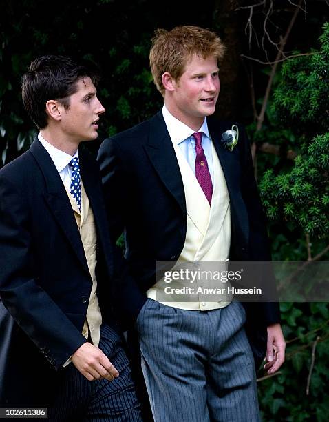 Prince Harry attends the wedding of his former Equerry Mark Dyer to Amanda Kline of Texas at St. Edmund's Church, Crickhowell on July 3, 2010 in...