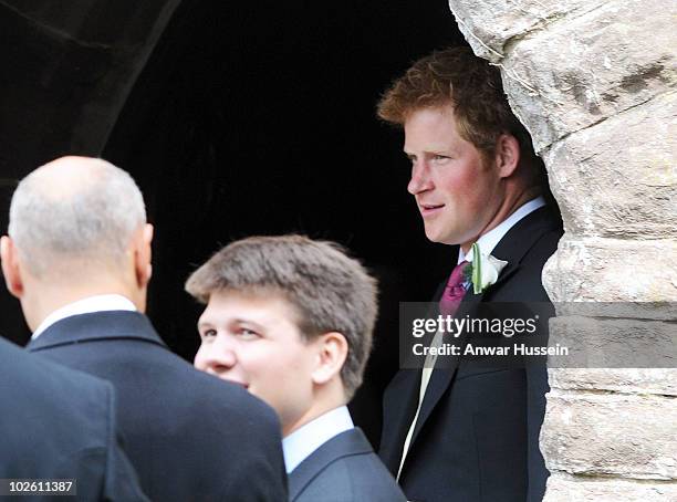 Prince Harry attends the wedding of his former Equerry Mark Dyer to Amanda Kline of Texas at St. Edmund's Church, Crickhowell on July 3, 2010 in...