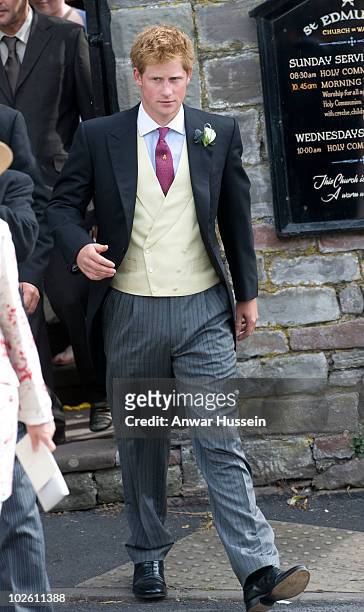Prince Harry attends the wedding of his former Equerry Mark Dyer to Amanda Kline of Texas at St. Edmund's Church, Crickhowell on July 3, 2010 in...