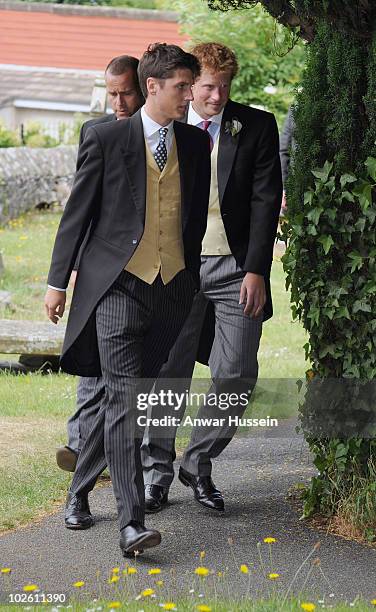 Prince Harry attends the wedding of his former Equerry Mark Dyer to Amanda Kline of Texas at St. Edmund's Church, Crickhowell on July 3, 2010 in...