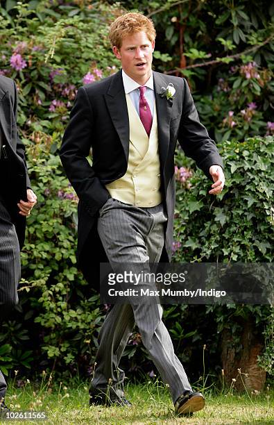 Prince Harry attends the wedding of Mark Dyer and Amanda Kline at St. Edmund's Church on July 3, 2010 in Abergavenny, Wales.