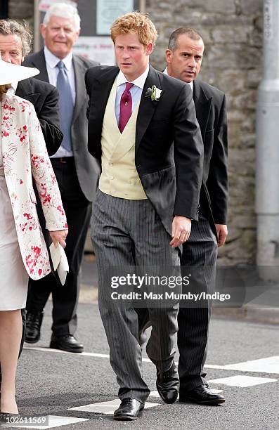 Prince Harry attends the wedding of Mark Dyer and Amanda Kline at St. Edmund's Church on July 3, 2010 in Abergavenny, Wales.