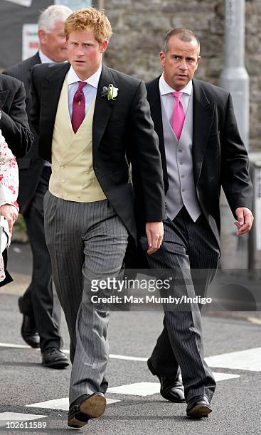 Prince Harry attends the wedding of Mark Dyer and Amanda Kline at St. Edmund's Church on July 3, 2010 in Abergavenny, Wales.