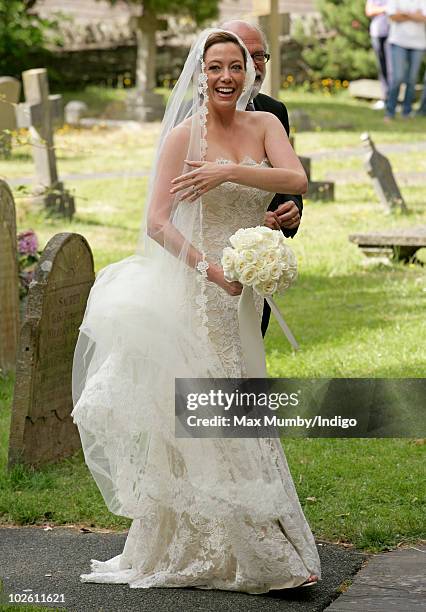 Amanda Kline arrives at St. Edmund's Church for her wedding to Mark Dyer on July 3, 2010 in Abergavenny, Wales.