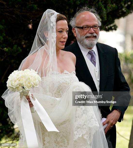 Amanda Kline arrives at St. Edmund's Church for her wedding to Mark Dyer on July 3, 2010 in Abergavenny, Wales.