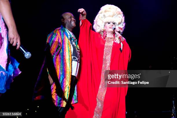 Merrie Cherry and Lady Bunny onstage during Wigstock 2018 at Pier 17 on September 1, 2018 in New York City.