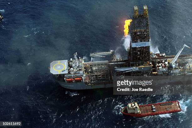 The Discoverer Enterprise drilling rig is seen as it continues the effort to recover oil from the Deepwater Horizon spill site on July 3, 2010 in the...
