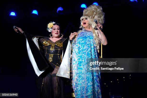 Joey Arias and Lady Bunny onstage during Wigstock 2018 at Pier 17 on September 1, 2018 in New York City.