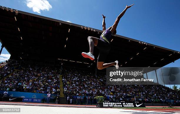 Brian Johnson of USA jumps in the long jump during the IAAF Diamond League Prefontaine Classic on July 3, 2010 at Hayward Field in Eugene, Oregon.