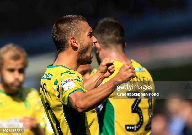 Moritz Leitner of Norwich City celebrates after scoring his team's first goal with team mates during the Sky Bet Championship match between Ipswich...