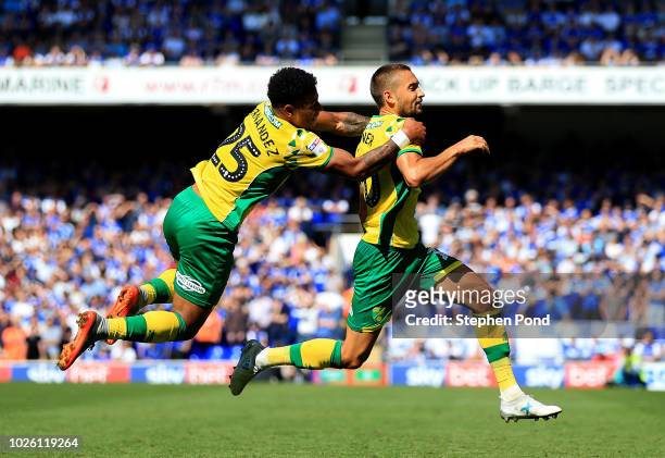 Moritz Leitner of Norwich City celebrates after scoring his team's first goal with team mate Onel Hernández of Norwich City during the Sky Bet...