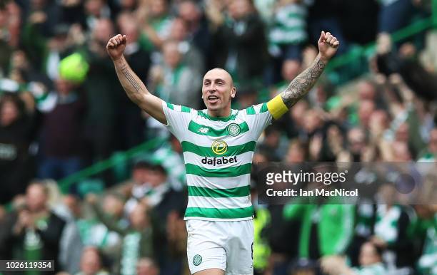 Scott Brown of Celtic reacts at full time during the Scottish Premier League between Celtic and Rangers at Celtic Park Stadium on September 2, 2018...