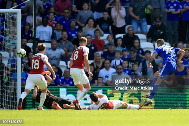 Victor Camarasa of Cardiff City scores a goal to make it 1-1 during the Premier League match between Cardiff City and Arsenal FC at Cardiff City...