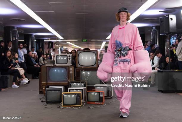 Model showcases designs during Underground Runway One show at Melbourne Fashion Week on September 2, 2018 in Melbourne, Australia.