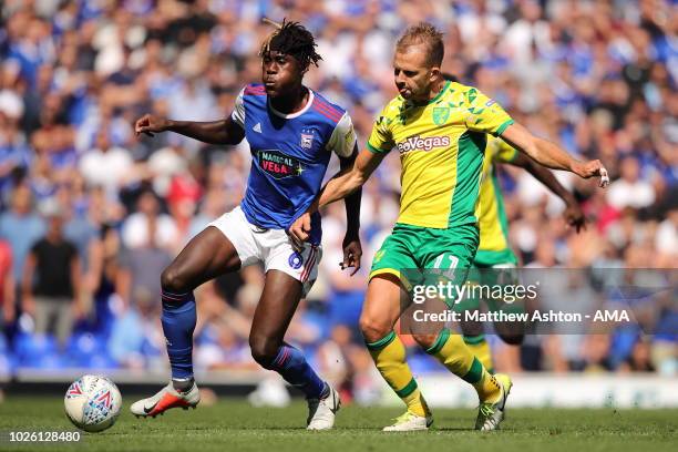 Trevoh Chalobah of Ipswich Town and Jordan Rhodes of Norwich City during the Sky Bet Championship match between Ipswich Town and Norwich City at...