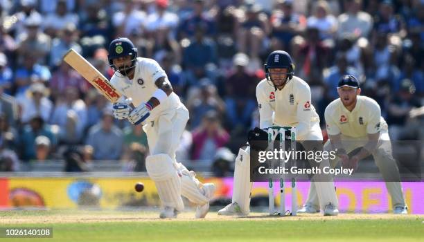 India captain Virat Kohli bats during day four of the Specsavers 4th Test match between England and India at The Ageas Bowl on September 2, 2018 in...