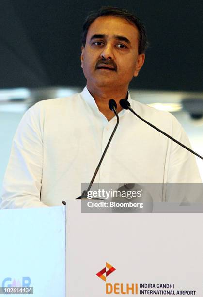 Praful Patel, India's minister of civil aviation, speaks during the opening ceremony of the new Terminal 3 of Indira Gandhi International Airport in...