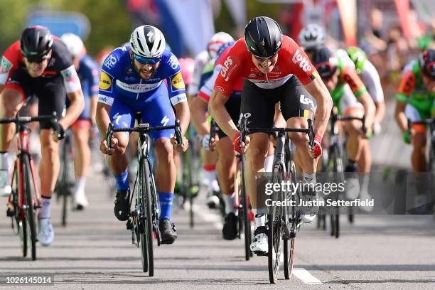 Sprint / Arrival / Fernando Gaviria of Colombia and Team Quick-Step Floors / Andre Greipel of Germany and Team Lotto Soudal / Caleb Ewan of Australia...