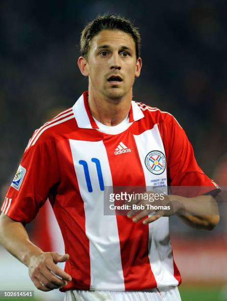 Jonathan Santana of Paraguay during the 2010 FIFA World Cup South Africa Quarter Final match between Paraguay and Spain at Ellis Park Stadium on July...