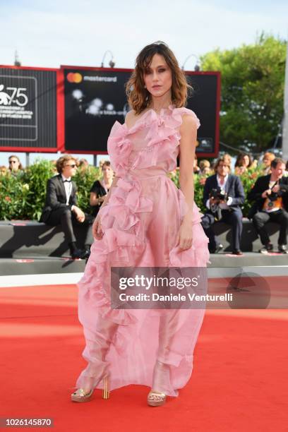 Gabriella Pession walks the red carpet ahead of the 'My Brilliant Friend ' screening during the 75th Venice Film Festival at Sala Grande on September...