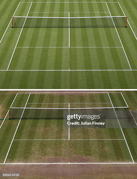 Top image shows Centre Court on Day One and the bottom image shows Centre Court on the final day of the Wimbledon Lawn Tennis Championships at the...