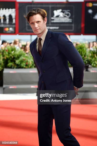 Matt Smith of the cast of 'Charlie Says' walks the red carpet ahead of the 'My Brilliant Friend ' screening during the 75th Venice Film Festival at...
