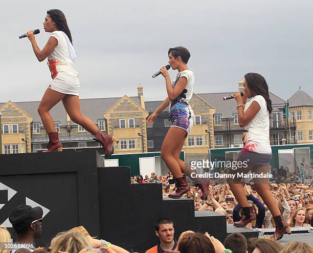 Rochelle Wiseman, Frankie Sandford and Vanessa White of The Saturdays perform at T4 on the Beach on July 4, 2010 in Weston-Super-Mare, England.