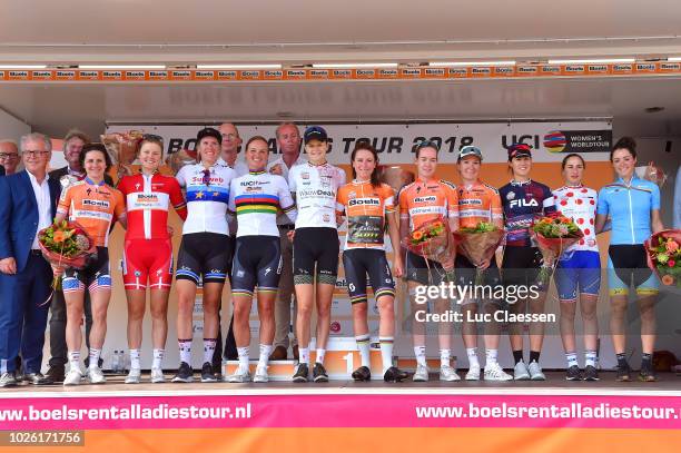 Podium / Megan Guarnier of United States and Team Boels Dolmans Cycling Team / Amalie Dideriksen of Denmark and Team Boels Dolmans Cycling Team /...