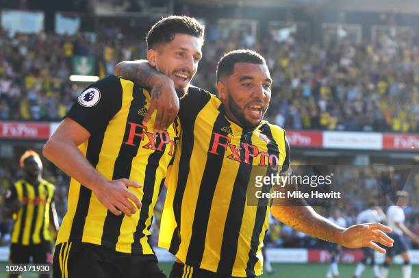 Craig Cathcart of Watford celebrates after scoring his team's second goal with Troy Deeney of Watford during the Premier League match between Watford...
