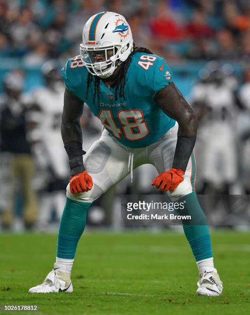 MarQueis Gray of the Miami Dolphins in action during a preseason game against the Baltimore Ravens at Hard Rock Stadium on August 25, 2018 in Miami,...