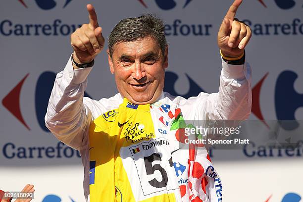 Former cycling champion Eddy Merckx stands on stage following stage one of the Tour de France July 4, 2010 in Brussels, Belgium. Merckx is...