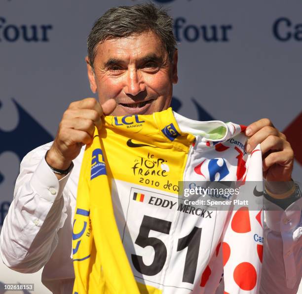 Former cycling champion Eddy Merckx stands on stage following stage one of the Tour de France July 4, 2010 in Brussels, Belgium. Merckx is...