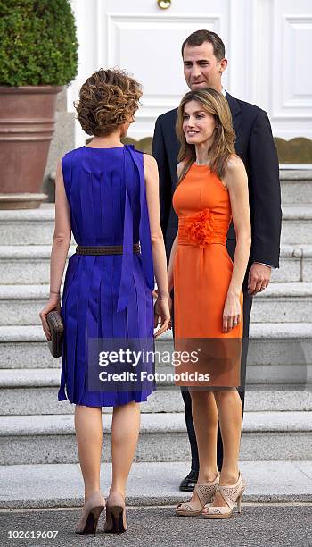 Prince Felipe of Spain and Princess Letizia of Spain receive Asma al-Assad at Zarzuela Palace on July 4, 2010 in Madrid, Spain.