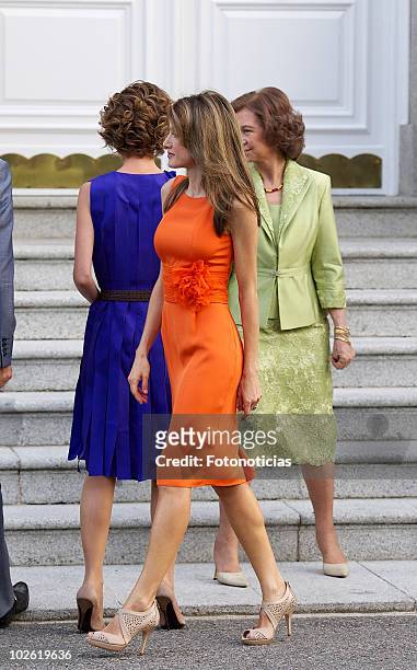 Princess Letizia of Spain receives Syrian Arab Republic President Bashar al-Assad and his wife Asma al-Assad at Zarzuela Palace on July 4, 2010 in...
