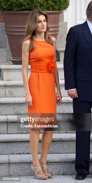 Princess Letizia of Spain receives Syrian Arab Republic President Bashar al-Assad and his wife Asma al-Assad at Zarzuela Palace on July 4, 2010 in...