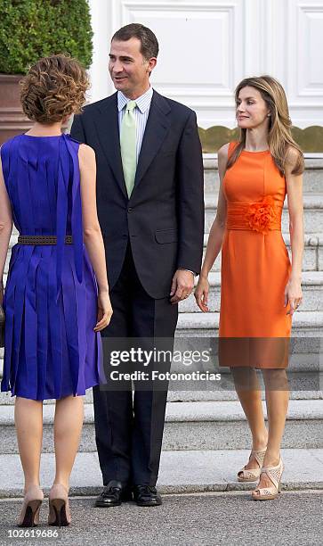 Prince Felipe of Spain and Princess Letizia of Spain receive Asma al-Assad at Zarzuela Palace on July 4, 2010 in Madrid, Spain.