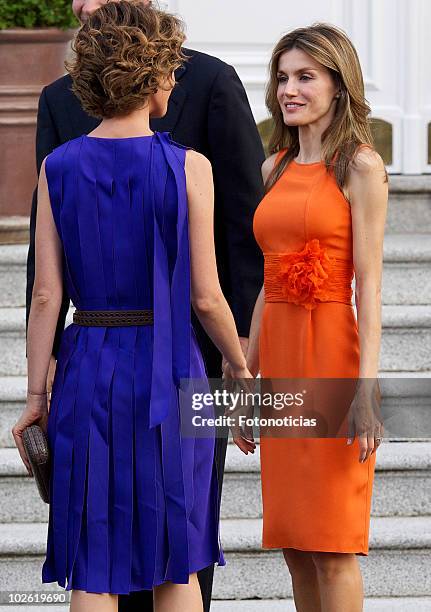 Princess Letizia of Spain receives Asma al-Assad at Zarzuela Palace on July 4, 2010 in Madrid, Spain.