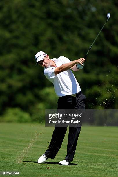 Justin Rose of England hits to the fourth green during the final round of the AT&T National at Aronimink Golf Club on July 4, 2010 in Newtown Square,...