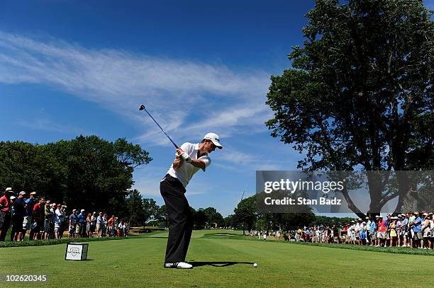 Justin Rose of England hits from the sixth tee box during the final round of the AT&T National at Aronimink Golf Club on July 4, 2010 in Newtown...