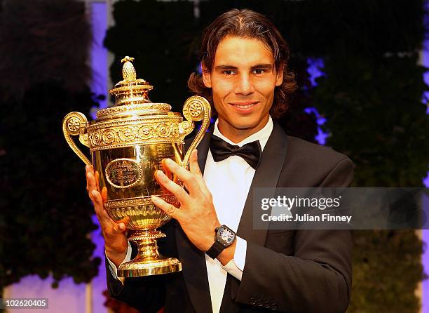 Rafael Nadal of Spain with the winners trophy at the Wimbledon Championships 2010 Winners Ball at the InterContinental Park Lane Hotel on July 4,...