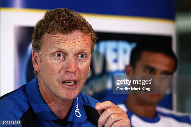 Everton FC manager David Moyes talks to the media as Tim Cahill looks on during an Everton FC press conference at ANZ Stadium on July 5, 2010 in...