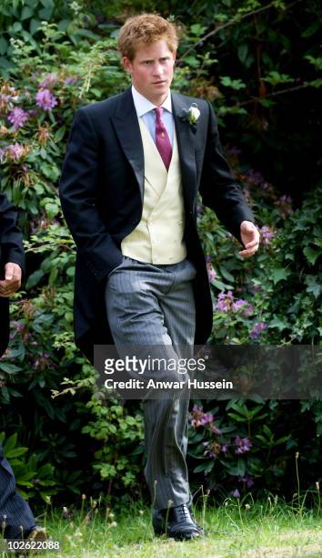 Prince Harry attends the wedding of his former Equerry Mark Dyer to Amanda Kline of Texas at St. Edmund's Church, Crickhowell on July 3, 2010 in...