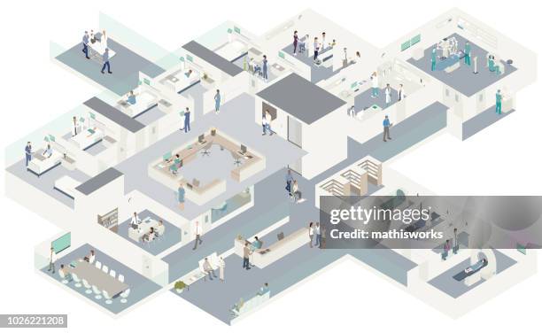 isometrische krankenhaus cutaway - architekturmodell stock-grafiken, -clipart, -cartoons und -symbole