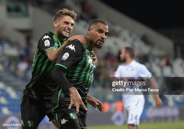 Kevin-Prince Boateng of US Sassuolo celebrates his first goal with Domenico Berardi of US Sassuolo during the serie A match between US Sassuolo and...