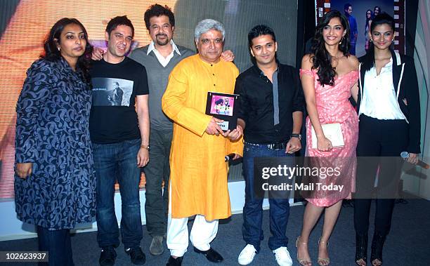 Rajashree Ojha, Anil Kapoor, Javed Akhtar, Amit Trivedi, Sonam Kapoor and Rhea Kapoor at the music launch of the film Aisha in Mumbai on July 4, 2010.