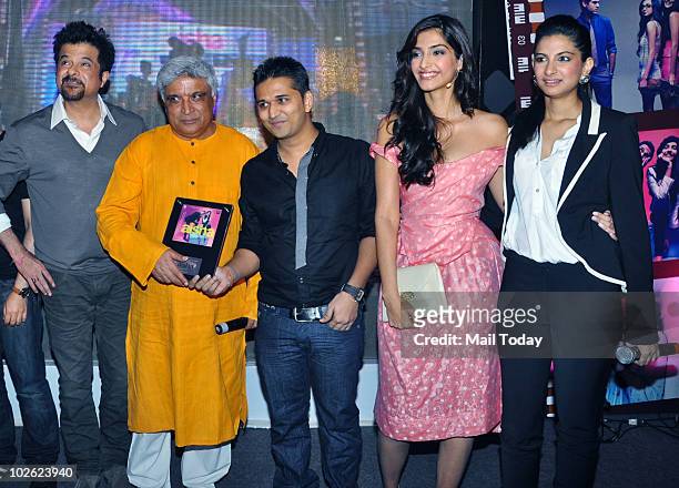 Anil Kapoor, Javed Akhtar, Amit Trivedi, Sonam Kapoor and Rhea Kapoor at the music launch of the film Aisha in Mumbai on July 4, 2010.