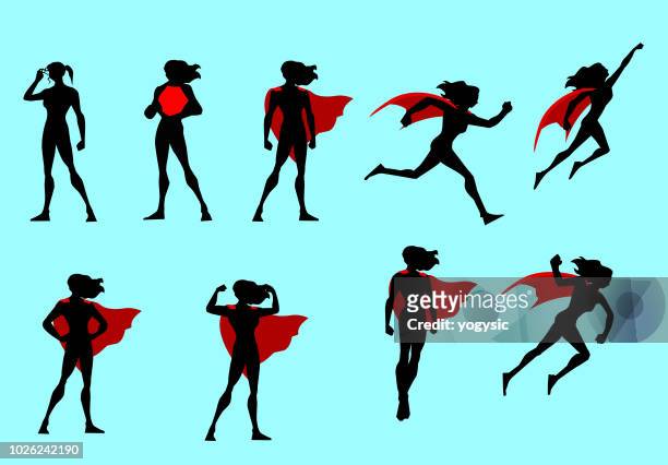 stockillustraties, clipart, cartoons en iconen met vector superheld vrouw silhouet set - mantel