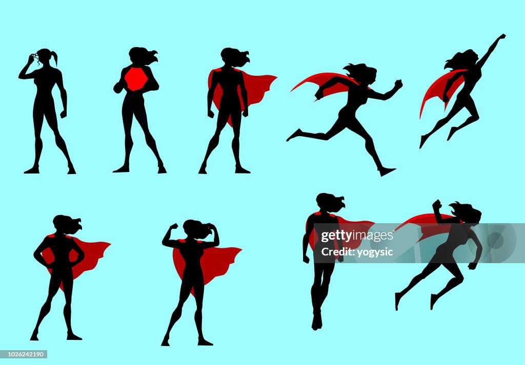 Vector Superhero Woman Silhouette Set