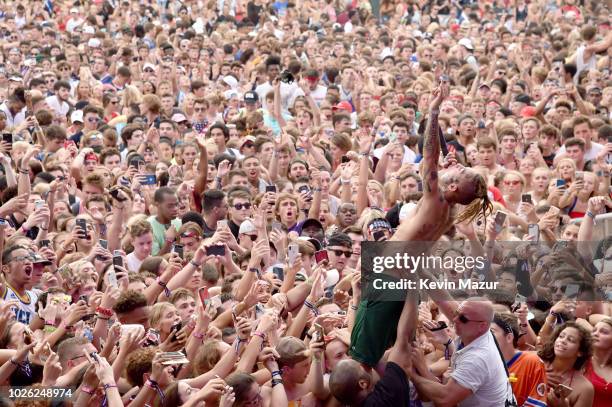 Lil Skies performs in the crowd during the 2018 Made In America Festival - Day 2 at Benjamin Franklin Parkway on September 2, 2018 in Philadelphia,...